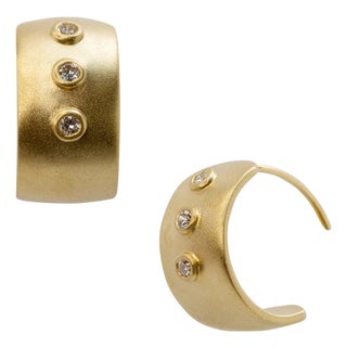 Meme Gold Diamond Wide Huggie Earrings, 1/2" Round, A Pair For Sale