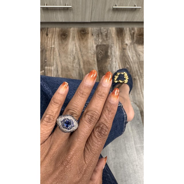 Metal Roshe Jewels, Sapphire Ring With Diamond 18k White Gold Cocktail Ring, Size 7 For Sale - Image 7 of 9