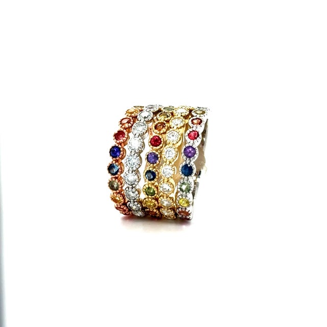 Metal 2.84 Carat Diamond and Multi Color Sapphire Stackable Gold Band Set Size 6.5 - Set of 5 For Sale - Image 7 of 12