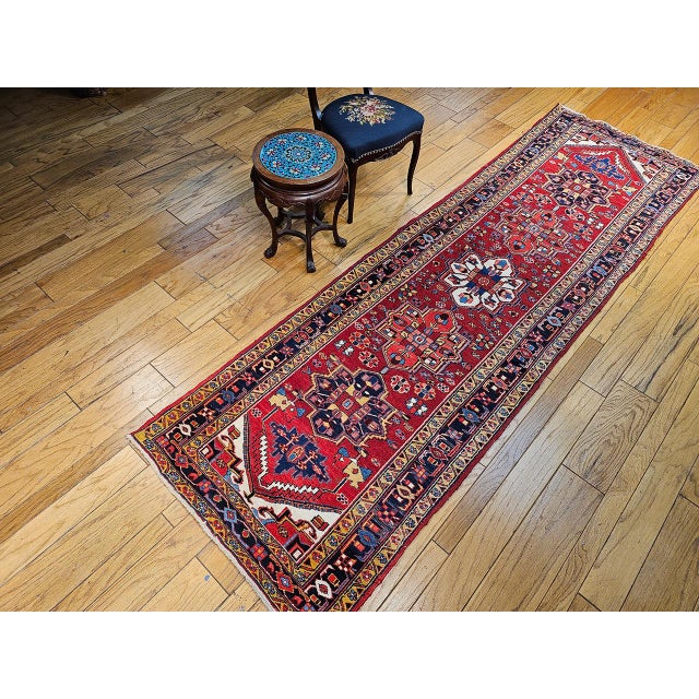 Vintage Persian Heriz Wide Runner, Hand-Knotted Wool, Geometric Design, Red & Navy, 4x12 For Sale - Image 10 of 18