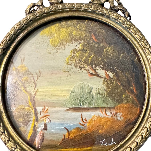 Vintage Italian Miniature Oil Landscape Painting in Ornate Victorian Brass Frame | Signed For Sale In Atlanta - Image 6 of 12