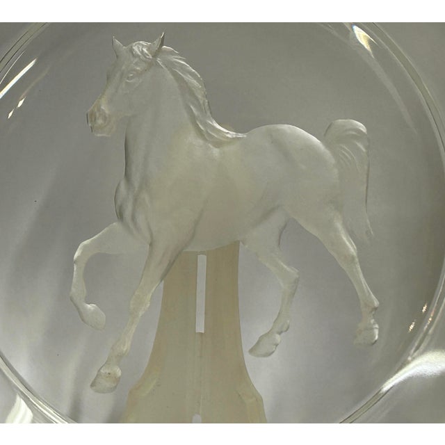 1990s Clear Glass Back Relief Carved Horse Round Display Disc For Sale - Image 5 of 13