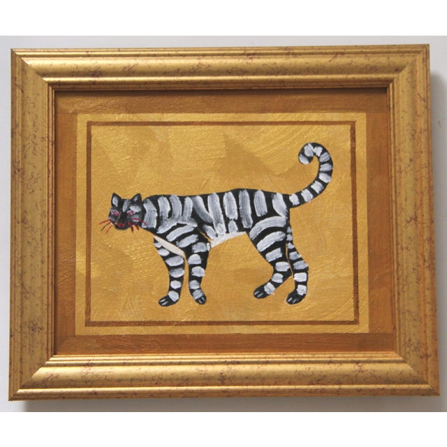 A tiger on metallic gold background. Abstract, Minimalism, Folk Art, Pop Art, shabby Chic, Safari, Boho Chic. Framed in a...