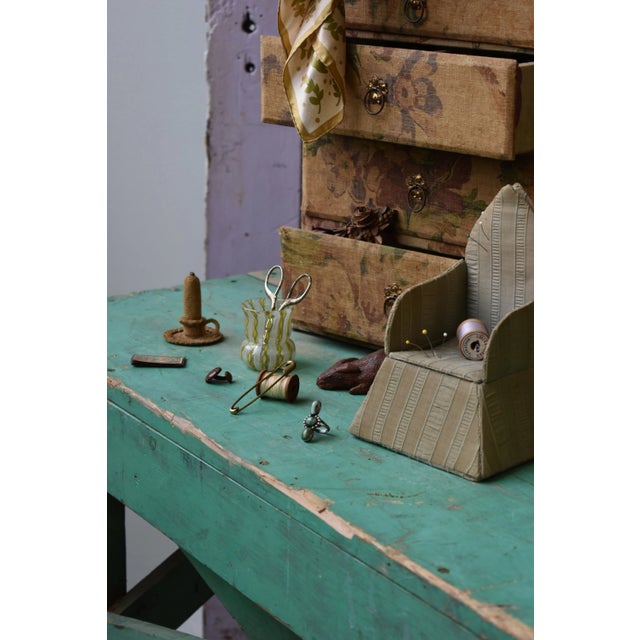 Vintage Miniature Pin Cushion Seersucker Chair with Hidden Storage, Circa 1920s-30s. Constructed from a faded soft-blue...