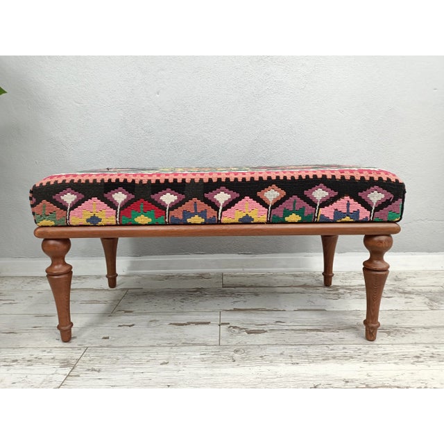 Details SIZE: 18X18X36 Inches ( with legs ) - 45x45x90 cm TYPE: Handmade Ottoman Bench CONDITION: is good. CONSTRUCT: It...