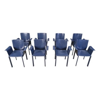 Vintage Blue Leather Dining Chairs, Italy, 1980s, Set of 8 For Sale