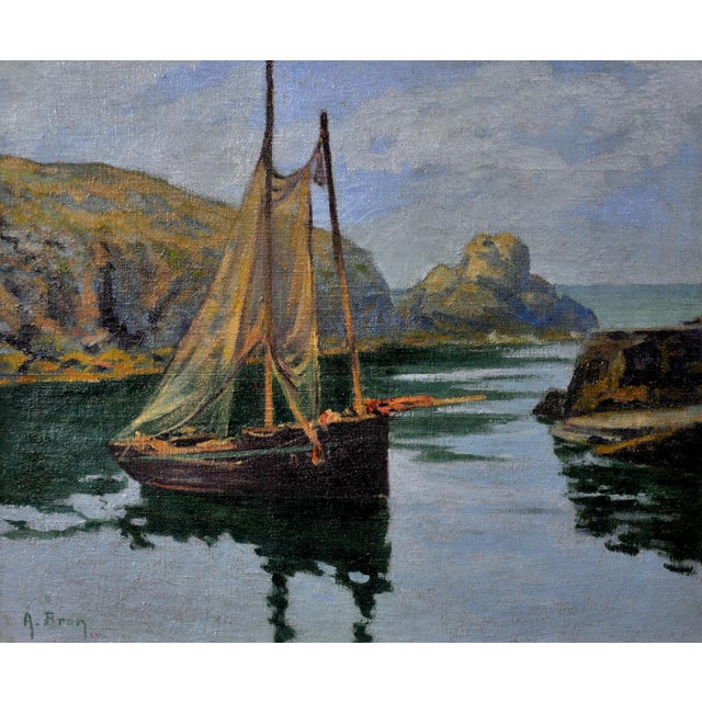 Achille Bron, A Small Boat in a Cove, La Côte Sauvage, 1920s, Oil on Canvas, Framed For Sale - Image 3 of 17
