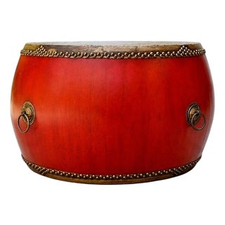 Monumental Antique 48" Chinese Ceremonial Drum Round Table Red Lacquered For Sale