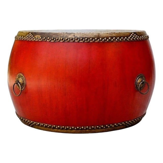 Monumental Antique 48" Chinese Ceremonial Drum Round Table Red Lacquered For Sale