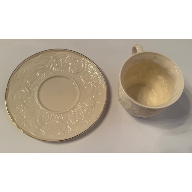 Belleek Pottery Ltd. Antique Belleek Ireland Cup & Saucer, 1926–1946 Black Mark, Relief Pattern, Gold Rim For Sale - Image 4 of 8