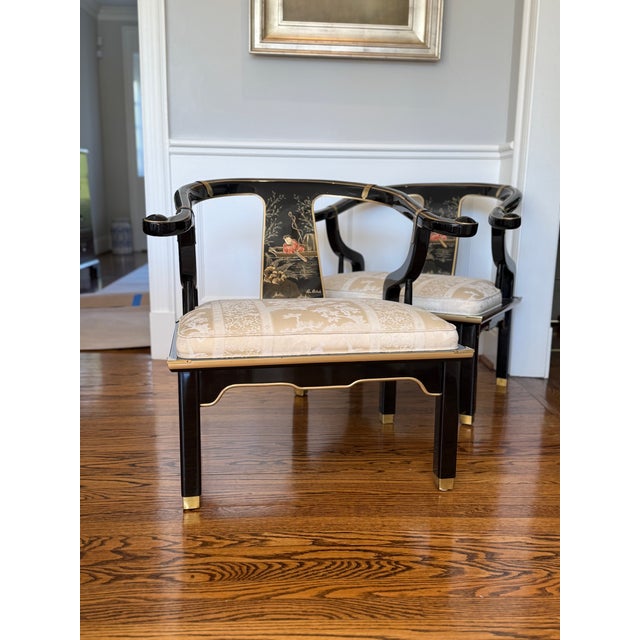 Late 20th Century Pair of James Mont Style Black Lacquer Horseshoe Chairs For Sale - Image 11 of 11