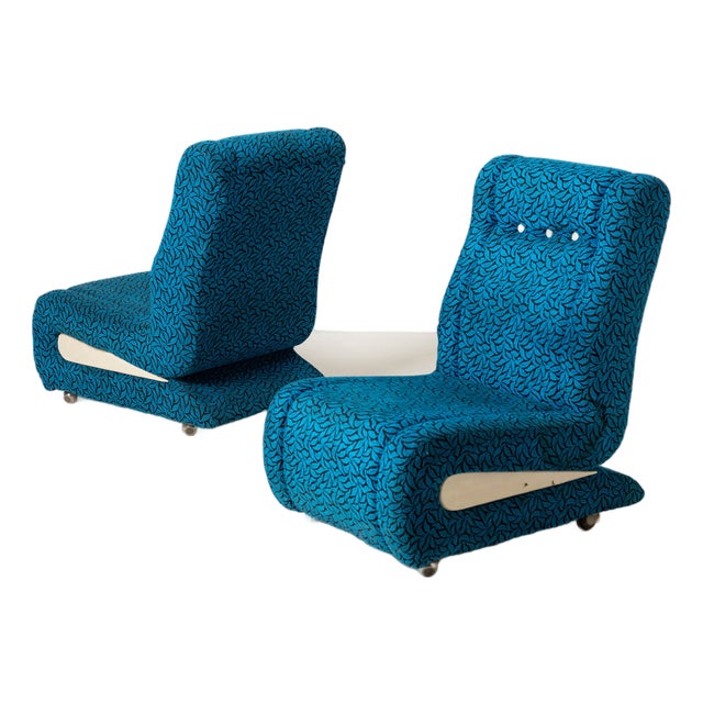 Space Age Lounge Chairs in Blue Pattened Upholstery, Former Czechoslovakia, 1970s, Set of 2 For Sale