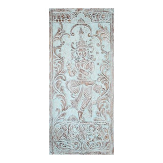 Fluting Krishna Carving Turquoise Barn Door, Sliding Door For Sale