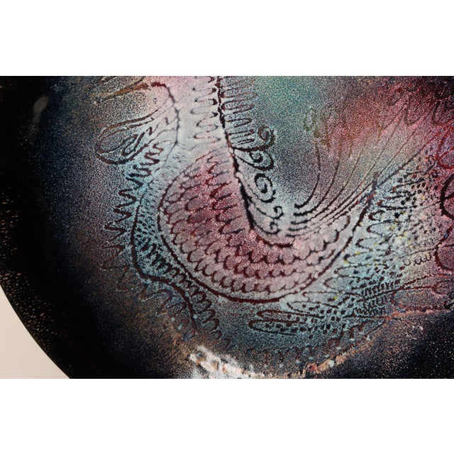 Black Large Vintage Enamel on Copper Sgraffito Peacock Decorative Plate by Arpad Rosti For Sale - Image 8 of 13