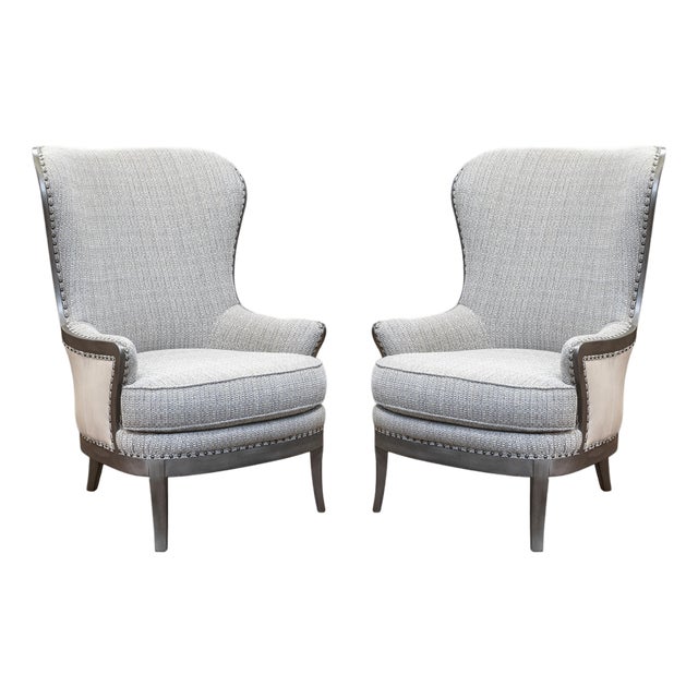 Pair of Arhaus Portsmouth Collection Gray Fabric & Leather Contemporary Chairs For Sale