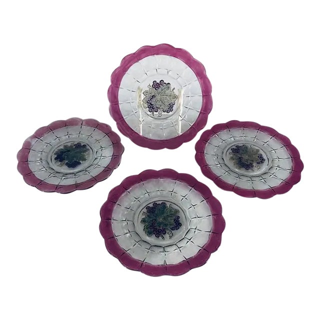 90's Cranberry Glass With Grape Design Plates S/4 For Sale
