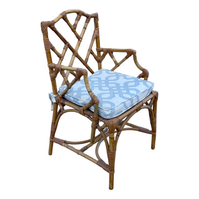 Chinese Chippendale Fretwork Bamboo Armchair Desk Chair With Cushion For Sale