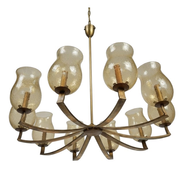 Vintage Chandelier in Brass and Etched Glass, 1950s For Sale