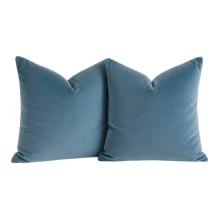 One Pair of Kravet Fabric’s Vintage French Blue Cotton Velvet Down and Feather Pillows For Sale