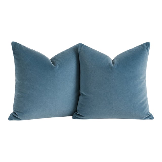 One Pair of Kravet Fabric’s Vintage French Blue Cotton Velvet Down and Feather Pillows For Sale