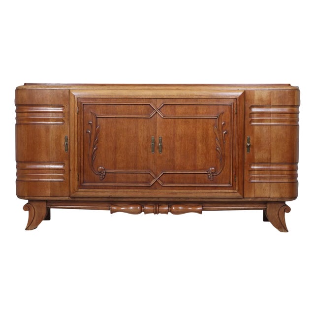 French Art Deco Oak Sideboard with Carved Doors, 1930s For Sale