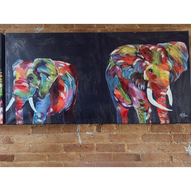 1x Vibrant colored Elephant 48in by 24in and 1x Giraffe 48in by 24in animal paintings on black colored speckled background...
