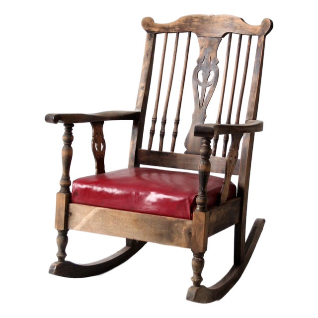 Antique Wooden Rocking Chair With Red Upholstered Seat For Sale