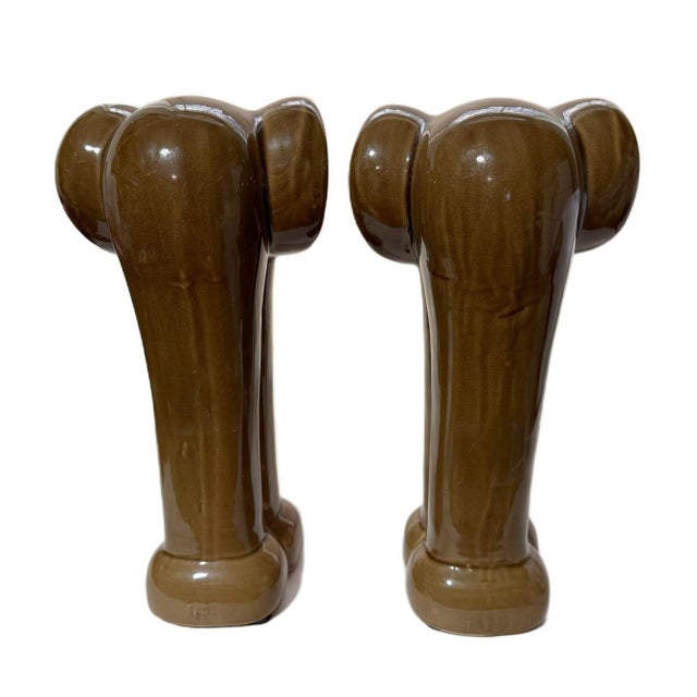 Vintage Mid Century Modern Ceramic Elephant Bookends - Glazed Brown - Pair For Sale - Image 4 of 5