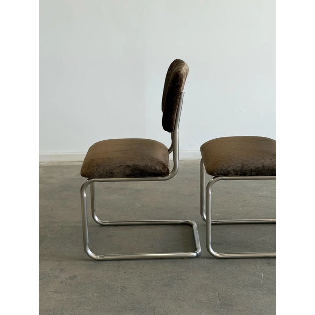 1970s Cantilever Dining Chairs in Brown Chenille - Set of 4 For Sale - Image 9 of 14