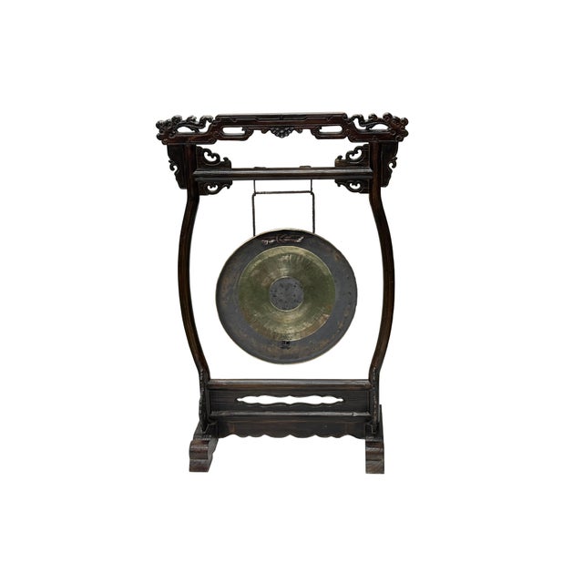 Chinese Distressed Brown Dragon Head Wood Figure Gong Display Rack For Sale - Image 9 of 10