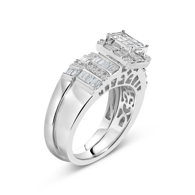 Contemporary Sterling Silver 1.0 Cttw Diamond Composite Head Bridal Engagement Ring Set - Size 7 For Sale - Image 3 of 6