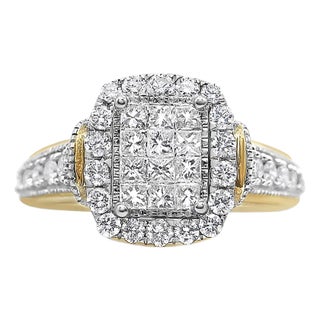 14K Yellow and White Gold 1.00 Cttw Princess and Round Cut Emerald Shaped Halo Diamond Cluster Ring (SI1-SI2 Clarity, H-I Color) - Size 7 For Sale