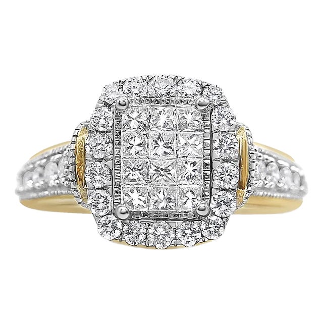 14K Yellow and White Gold 1.00 Cttw Princess and Round Cut Emerald Shaped Halo Diamond Cluster Ring (SI1-SI2 Clarity, H-I Color) - Size 7 For Sale