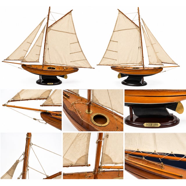 Impressive large-scale decorative model of a classic 1930 yacht, beautifully crafted in warm-toned wood with cream fabric...