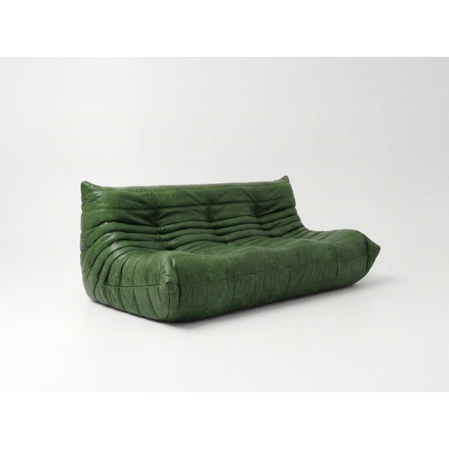 Mid-Century Modern Togo Sofa Set in Green Leather by Michel Ducaroy for Ligne Roset, Set of 5 For Sale - Image 3 of 13