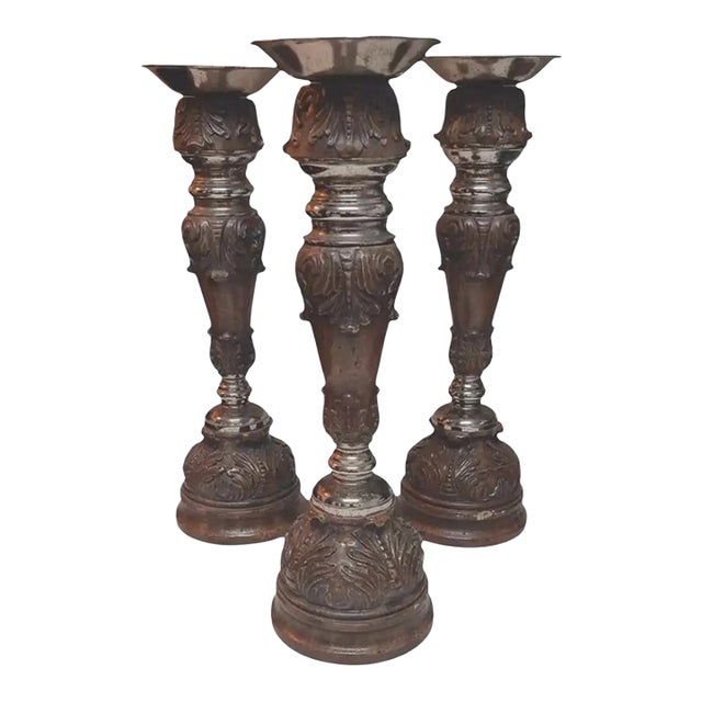 Late 20th Century Ornate Maitland-Smith Hand-Carved Candle Holders ~ Set of 3 For Sale