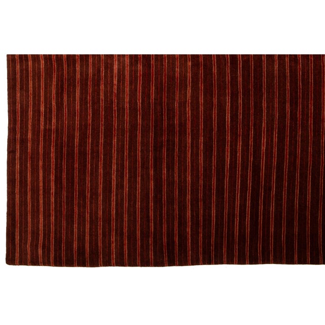 Burgundy Modern Tibetan Wool and Silk Rug in Burgundy Color With Striped Design For Sale - Image 8 of 9
