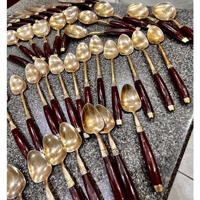 1960s Vintage Siam Thai Flatware and Cutlery Set | Brass + Rosewood For Sale - Image 5 of 11