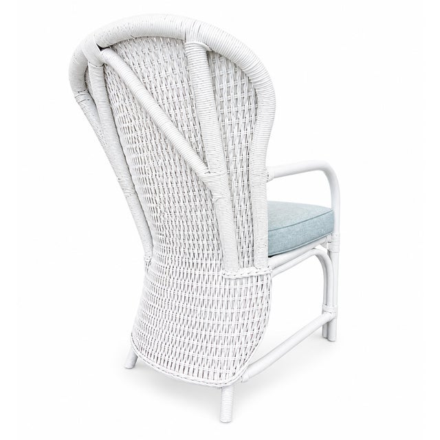 Lacquered Rattan Fan Back Chairs Blue Cushions For Sale In West Palm - Image 6 of 7