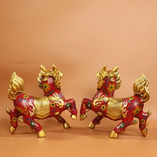 Late 19th Century Late 19th Century Pair of Cloisonné Enamel Qilin Statues, Gilt Bronze Figures, 2.64kg For Sale - Image 5 of 9