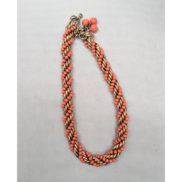 Metal Vintage 1950s Signed Napier Goldtone Spiral Faux-Coral Beaded Collar Necklace For Sale - Image 7 of 8