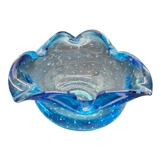 Art Glass Cobalt Blue Controlled Bubbles Ashtray Bowl 6.25" Triangle For Sale