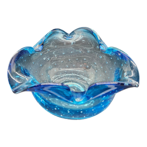 Art Glass Cobalt Blue Controlled Bubbles Ashtray Bowl 6.25" Triangle