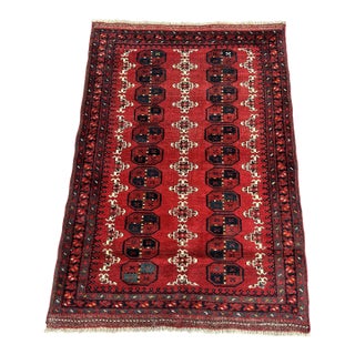 Red Turkmen Tribal Bukhara Hand-Knotted Wool Rug - 5'2" X 3'8" For Sale