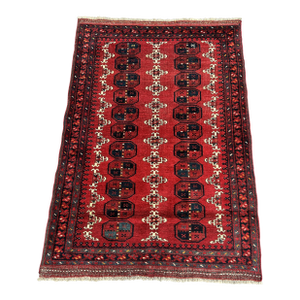 Red Turkmen Tribal Bukhara Hand-Knotted Wool Rug - 5'2" X 3'8"