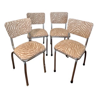 Set of 4 Vintage Chrome Dinette Chairs – Tan & Cream Tiger Chenille For Sale