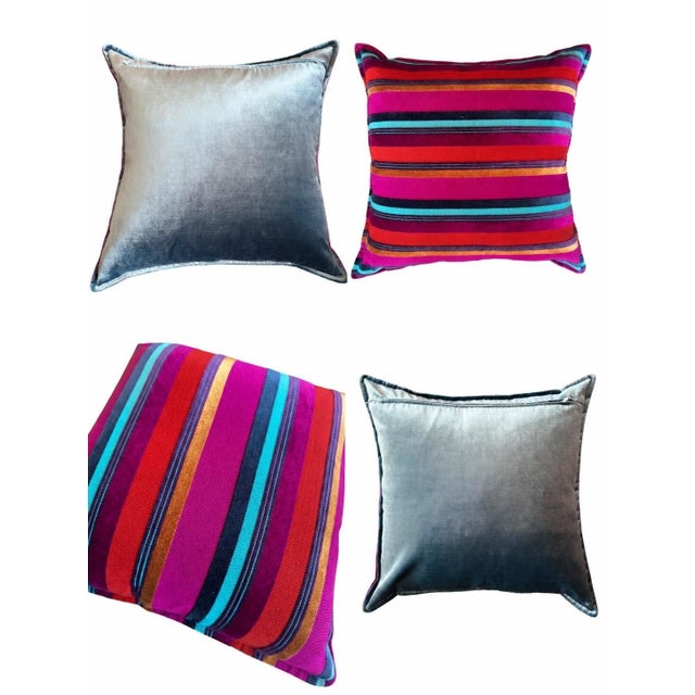 Pair of 24” Custom Designer Striped Velvet Throw Pillows For Sale - Image 4 of 5