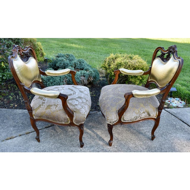 Pair Vtg. French Louis XV Style Carved Walnut Armchairs Gold Damask Chairs For Sale - Image 10 of 18