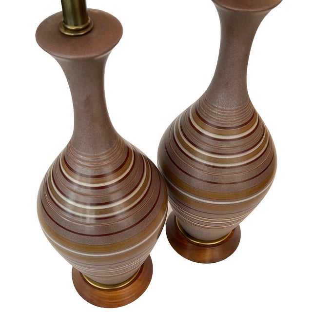 Ceramic Large Pair 1960s Lamps With Striated Glazed Decoration on a Pumice Ground For Sale - Image 7 of 9