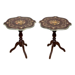 Vintage Italian Rococo Floral Marquetry Fruitwood TurtleTop Side Tables - A Pair For Sale